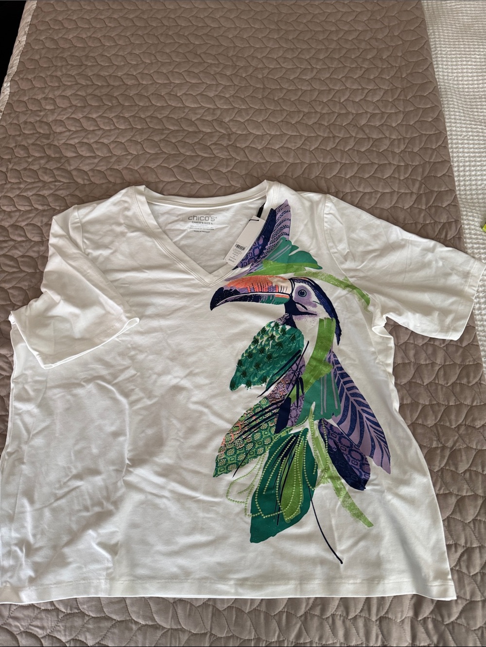Chico's White Tee with Green, Purple & Blue Toucan Graphic